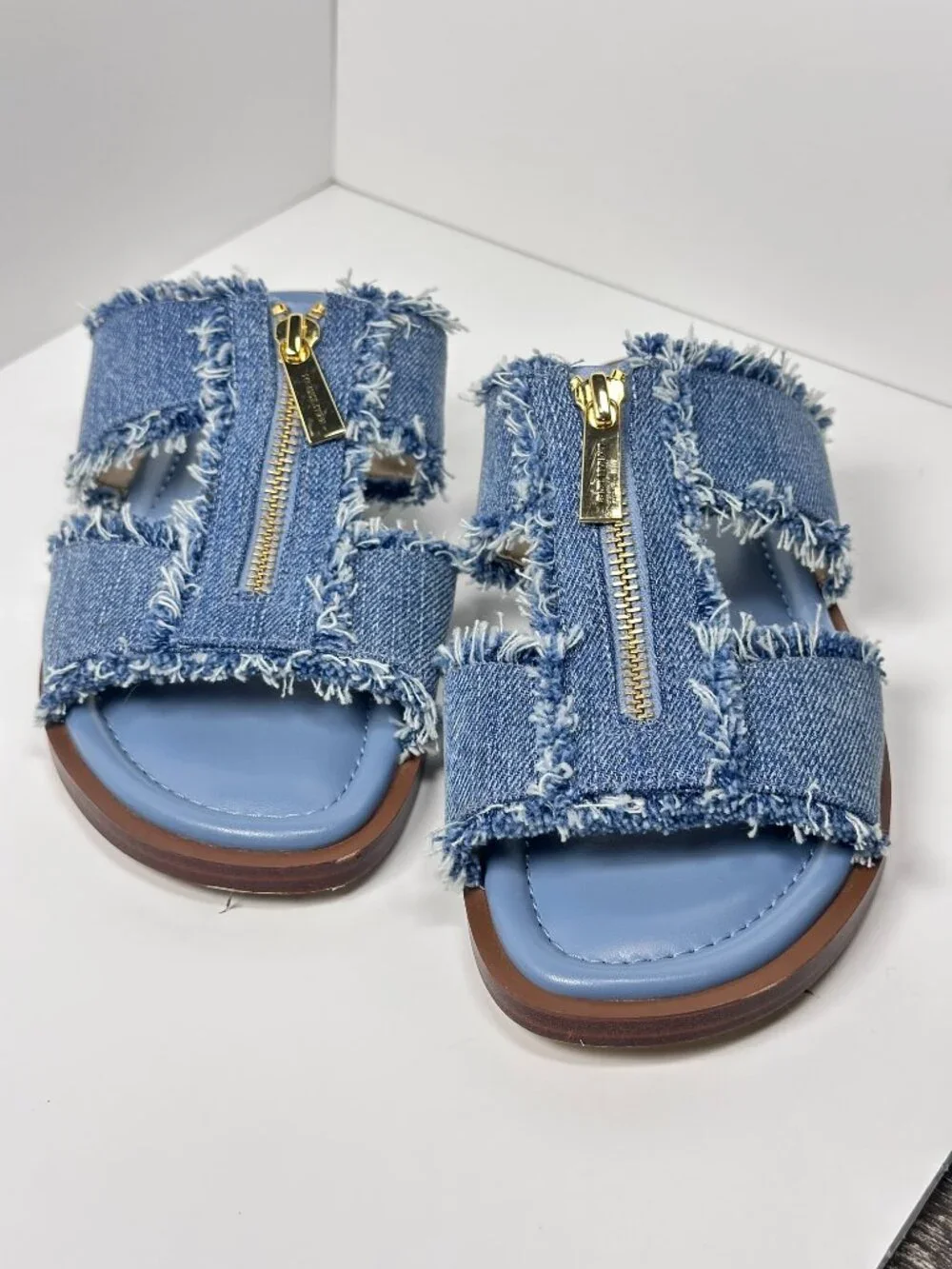 Michael Kors Berkley Denim Sandals Women 7M Blue Frayed Zip Slide Flat Shoes